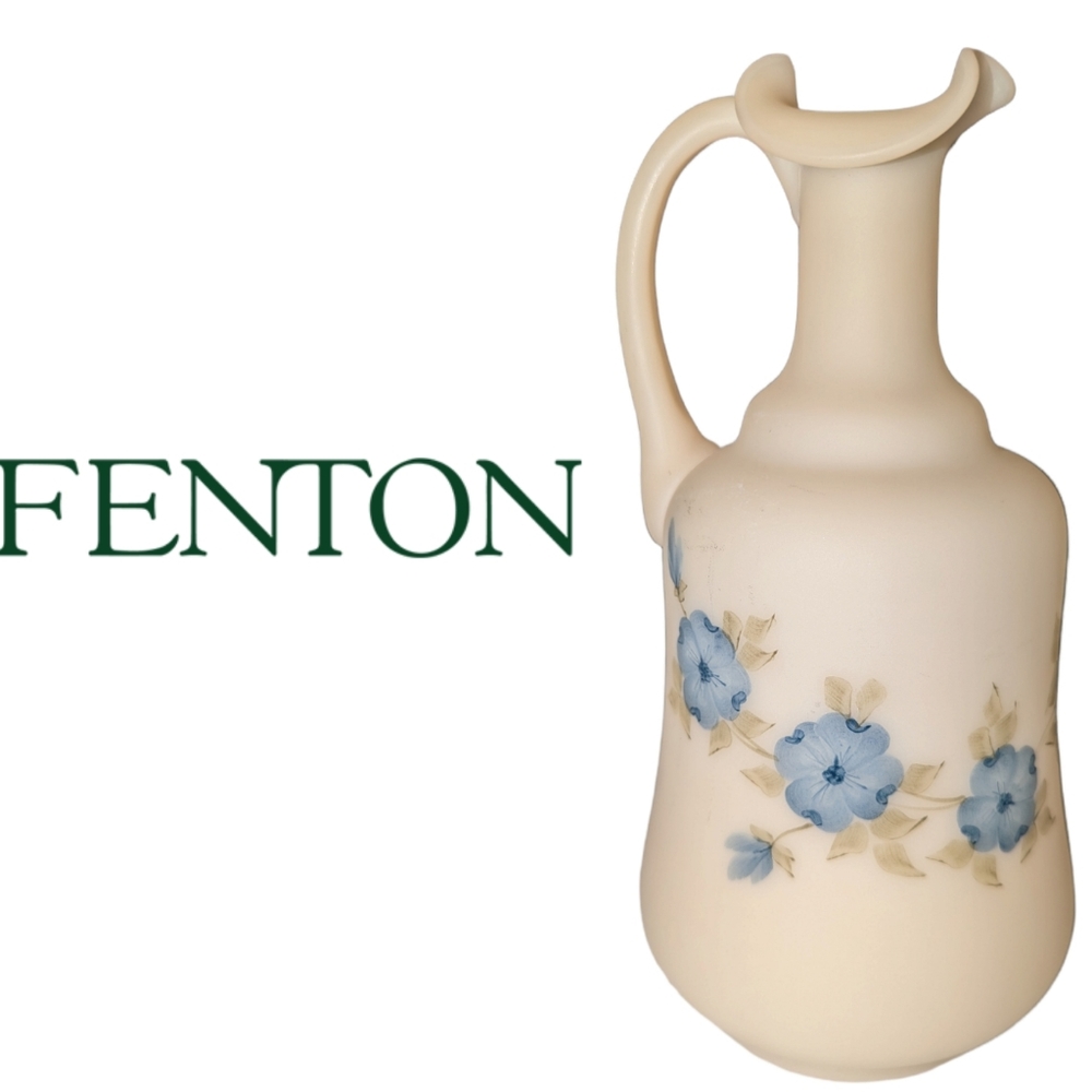Fenton Art Glass Hand Painted “Signed Blue Dogwood ” Cameo Satin Bottle Pitcher